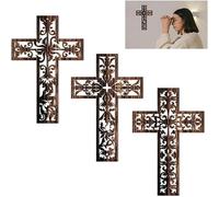 TTPSRY Crucifix Wall Cross Plaque Wall Hanging Catholic Ornament Creative Hollow 3 Piece Wooden Prayer Corner Decor for Home Church Living Room & Bedroom（Brown B）