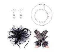 TTPSRY Fascinator Set Flower Hair Accessories Headpiece Net Gloves Pearl Necklace Earrings Elegant Vintage Headband Wedding Headpiece, Einheitsgröße, Alloy Steel, Alloy