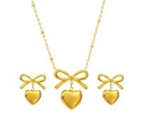 TTPSRY Heart Bow Earrings and Necklace Set Bohemian Hypoallergenic Cute Bowknot Drop Earrings Necklace Jewelry for Women Daily Wear and Party Gifts (Gold)
