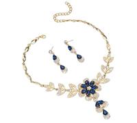 TTPSRY Jewelry Set for Women Crystal Flower Necklace Earrings Teardrop Rhinestone Cluster Statement Necklace Dangle Earrings Sets for Weddings Birthdays and Special Occasions Jewellery （Blue）