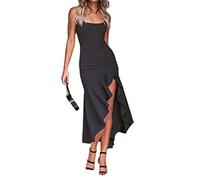 TTPSRY Women Spaghetti Strap Maxi Dress Sleeveless Slip Ruffle Side Cocktail Dress Bodycon Party Club Dress (Black/M)