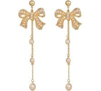 TTPSRY Women's Bow Pearl Earrings Gold Drop Earrings Silver Hanging Jewellery Gift Earrings Long Elegant Vintage Wedding Festive