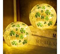 TTQ 2 PCS St Patricks Day Decorations,3.15'' Lighted Glass Ball Tabletop Decor Crackle Led Night Light with Clover Pattern,Lighted Glass Spheres Decorative Balls Glass Orb Table Lamps