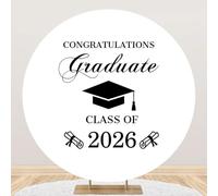 TTQYFNM 6.5x6.5ft Congratulations Graduate Round Backdrop Cover White and Black Bachelor Cap Class of 2026 Circle Photography Background for Congrats Grad Prom Party Decorations Photo Shoot Props