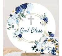 TTQYFNM 6.5x6.5ft God Bless Round Backdrop Cover Polyester Mi Baptism Blue Flowers Silver Cross Photography Background for Boys Baby Shower First Holy Communion Christening Party Banner Supplies