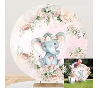 TTQYFNM 7.5x7.5ft Pink Elephant Baby Shower Round Backdrop Cover Watercolor Pastel Floral Cute Elephant Photography Background for Newborn Girls Baby Shower Birthday Party Decoration Photo Booth Props