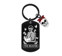 Ttrmieoy Halloween Gifts for Women Men Goth Skull Keyring Halloween Basket Stuffers Gift for Book Lovers Gifts for Readers Bookish Bookworm Gift Spooky Skeleton Keyring for Reading Book Club Present