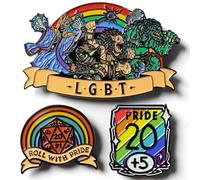 TTRPG/D&D Pride-Themed Enamel Pins (Set of 3), LGBT (Lich Goblin Bugbear Troll), Roll with Pride™ Rainbow, Pride DND Stat Block, Soft Enamel, 1.4-3.25 Inch Sizes, Metal