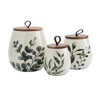 TTU Tabletops Gallery Ceramic Canister Collection- Stoneware Designed Kitchen Storage Acacia Wood White Set, 3 Piece Green Leaf Canister Set