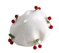 TTYAO REII Beret Hat Women Wool Beret Cap with Cherry Decoration French Beret Cap for Female Casual Artist, White and Red, M