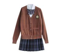 TTYAO REII Japanese Style Knit Cardigan Set JK School Uniform Women Preppy Sweater Skirt Outfit Cute Cosplay Class Outfits (Brown Blue, 2XL)