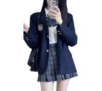 TTYAO REII JK Uniform 5 Piece Set Japanese School Girls Uniform Two Button Blazer Pleated Plaid Skirt Shirt Bowtie Badge, Blue Grey, M