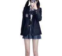 TTYAO REII JK Uniform 5 Piece Set Japanese School Girls Uniform Two Button Blazer Pleated Plaid Skirt Shirt Bowtie Badge, Blue Deep Grey, M