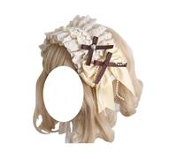 TTYAO REII Kawaii Lolita Lace Headband Sweet Maid Bow Headpiece Victorian Aesthetic Hair Accessory for Tea Party (Beige, M)