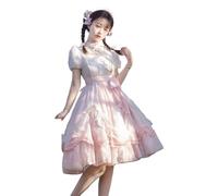 TTYAO REII Sweet Elegant Lolita Dress Short Sleeve Princess Skirt Kawaii Pink Dress Tiered A-line Gown for Evening Party (Pink, M)