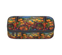 TTYDOKLA Blue Bicycle Flower Print Oxford Cloth Pencil Pouch with Multiple Compartments,Great for Travel Or Office