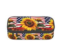 TTYDOKLA Sunflower and American Flag Print Oxford Cloth Pencil Pouch with Multiple Compartments,Great for Travel Or Office