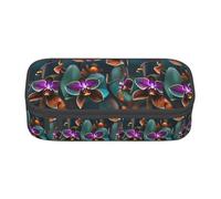 TTYDOKLA Teal and Orange Orchid Print Oxford Cloth Pencil Pouch with Multiple Compartments,Great for Travel Or Office