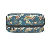 TTYDOKLA World Map Pattern Print Oxford Cloth Pencil Pouch with Multiple Compartments,Great for Travel Or Office