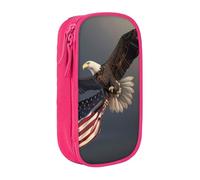 ttyuac 3D Bald Eagle Flying with American Flag Print Pencil Case, Large Capacity 2 Compartment Dual Zips Pouch, Aesthetic Pencil case Stationery Organizer for Boys Girls Supplies Makeup Bag, Pink