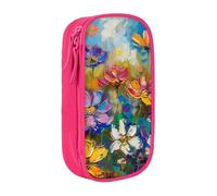 ttyuac Abstract Style Colorful Flowers Print Pencil Case, Large Capacity 2 Compartment Dual Zips Pouch, Aesthetic Pencil case Stationery Organizer for Boys Girls Supplies Makeup Bag, Pink