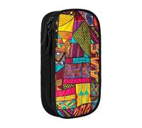 ttyuac African Textile Patchwork Print Print Pencil Case, Large Capacity 2 Compartment Dual Zips Pouch, Aesthetic Pencil case Stationery Organizer for Boys Girls Supplies Makeup Bag, Black
