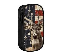 ttyuac Americana Flag Deer Print Pencil Case, Large Capacity 2 Compartment Dual Zips Pouch, Aesthetic Pencil case Stationery Organizer for Boys Girls Supplies Makeup Bag, Black
