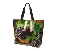 ttyuac Art Red Wine Galsses & Grapes Print Tote Bag, Reusable, Extra Large Capacity Washable Shopping Bag with Inner Pocket for Beach, Shopping, Travel, Gym & Daily Errands