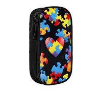 ttyuac Autism Awareness Puzzle Pieces Heart Print Pencil Case, Large Capacity 2 Compartment Dual Zips Pouch, Aesthetic Pencil case Stationery Organizer for Boys Girls Supplies Makeup Bag, Black