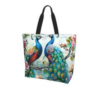 ttyuac Beautiful Peacock Flowers Print Tote Bag, Reusable, Extra Large Capacity Washable Shopping Bag with Inner Pocket for Beach, Shopping, Travel, Gym & Daily Errands