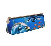 ttyuac Beautiful Underwater World Dolphins Coral Print Leather Pencil Case - Cute Pen Case, Stylish Pencil Case with Practical Zip for Storing Pens Pencils & Cosmetics