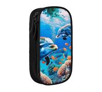 ttyuac Beautiful Underwater World Dolphins Coral Print Pencil Case, Large Capacity 2 Compartment Dual Zips Pouch, Aesthetic Pencil case Stationery Organizer for Boys Girls Supplies Makeup Bag, Black