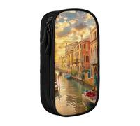 ttyuac Beautiful Venice Canal View Print Pencil Case, Large Capacity 2 Compartment Dual Zips Pouch, Aesthetic Pencil case Stationery Organizer for Boys Girls Supplies Makeup Bag, Black