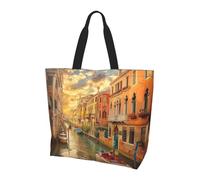 ttyuac Beautiful Venice Canal View Print Tote Bag, Reusable, Extra Large Capacity Washable Shopping Bag with Inner Pocket for Beach, Shopping, Travel, Gym & Daily Errands