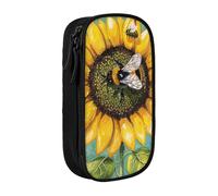 ttyuac bee & Sunflowers Print Pencil Case, Large Capacity 2 Compartment Dual Zips Pouch, Aesthetic Pencil case Stationery Organizer for Boys Girls Supplies Makeup Bag, Black