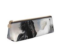 ttyuac Black and White Horses Running Print Leather Pencil Case - Cute Pen Case, Stylish Pencil Case with Practical Zip for Storing Pens Pencils & Cosmetics Desk Supplies Organisers Office Supplies