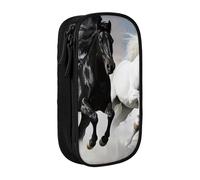 ttyuac Black and White Horses Running Print Pencil Case, Large Capacity 2 Compartment Dual Zips Pouch, Aesthetic Pencil case Stationery Organizer for Boys Girls Supplies Makeup Bag, Black