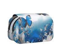 ttyuac Blue Butterflies White Flowers Print Pencil Case, Double-Layer Big Pencil Pouch Bag, Stationery Pen Case Office Stationery Organizer Multifunctional Pencil Bag Pen Marker Case