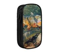ttyuac Brook Trout Fly Fishing Print Pencil Case, Large Capacity 2 Compartment Dual Zips Pouch, Aesthetic Pencil case Stationery Organizer for Boys Girls Supplies Makeup Bag, Black