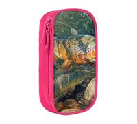 ttyuac Brook Trout Fly Fishing Print Pencil Case, Large Capacity 2 Compartment Dual Zips Pouch, Aesthetic Pencil case Stationery Organizer for Boys Girls Supplies Makeup Bag, Pink