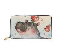 ttyuac Butterfly and Hippo Print Long Wallet for Women, PU Leather Clutch Purse with Zipper & Multiple Card Slots, Travel Wallet with Smooth Zippers