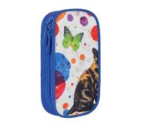 ttyuac Butterfly Polka dot and cat Print Pencil Case, Large Capacity 2 Compartment Dual Zips Pouch, Aesthetic Pencil case Stationery Organizer for Boys Girls Supplies Makeup Bag, Blue