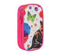 ttyuac Butterfly Polka dot and cat Print Pencil Case, Large Capacity 2 Compartment Dual Zips Pouch, Aesthetic Pencil case Stationery Organizer for Boys Girls Supplies Makeup Bag, Pink