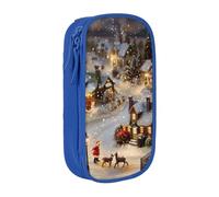 ttyuac Christmas Village Print Pencil Case, Large Capacity 2 Compartment Dual Zips Pouch, Aesthetic Pencil case Stationery Organizer for Boys Girls Supplies Makeup Bag, Blue