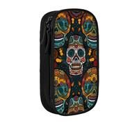ttyuac Colorful Sugar Skulls Print Pencil Case, Large Capacity 2 Compartment Dual Zips Pouch, Premium Oxford Fabric Aesthetic Pencil case Stationery Organizer for Boys Girls Supplies Makeup Bag