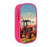 ttyuac Company Farm Tractor Print Pencil Case, Large Capacity 2 Compartment Dual Zips Pouch, Aesthetic Pencil case Stationery Organizer for Boys Girls Supplies Makeup Bag, Pink