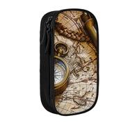 ttyuac Compass and Old World Map Print Pencil Case, Large Capacity 2 Compartment Dual Zips Pouch, Aesthetic Pencil case Stationery Organizer for Boys Girls Supplies Makeup Bag, Black