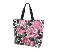 ttyuac Cute Rose Mix Leopard Pattern Print Tote Bag, Reusable, Extra Large Capacity Washable Shopping Bag with Inner Pocket for Beach, Shopping, Travel, Gym & Daily Errands