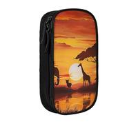 ttyuac Elephant and Giraffe in The Sunset Print Pencil Case, Large Capacity 2 Compartment Dual Zips Pouch, Aesthetic Pencil case Stationery Organizer for Boys Girls Supplies Makeup Bag, Black