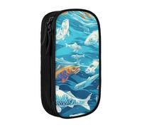 ttyuac Fishes Print Pencil Case, Large Capacity 2 Compartment Dual Zips Pouch, Premium Oxford Fabric Aesthetic Pencil case Stationery Organizer for Boys Girls Supplies Makeup Bag